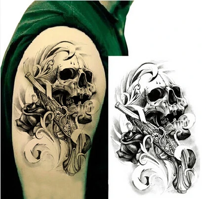 1 лист Водонепроницаемый tatuagem Большой Череп пистолет Дизайн Большой временные татуировки для Для мужчин Для женщин Arm
