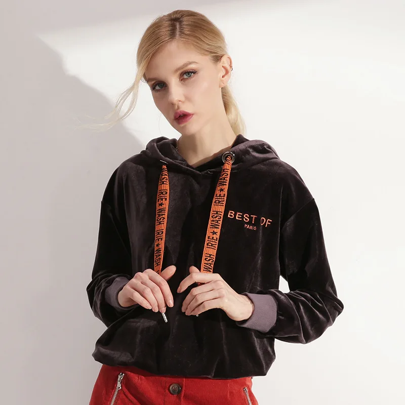 2018 new high end women's fashion letters printed draw string ms hooded