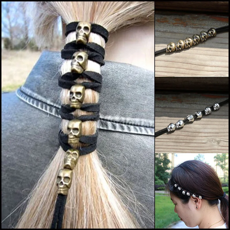 

Vintage Punk Metal Skull Hairband Ornaments Women Ponytail Styling Headwear DIY Accessories Antique with 6 Skeleton Pendants