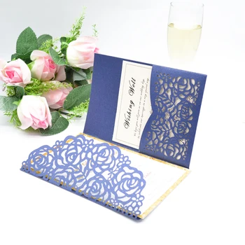 

Rose elegant laser cut pocket fold wedding invitations navy blue