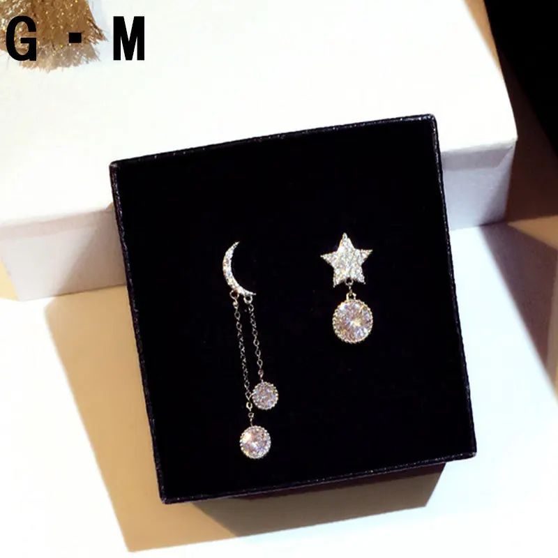 Милые корейские серьги, 925 пробы, серебряные, Лунная звезда, длинные серьги-гвоздики с блестящим циркониевым камнем для женщин, модное ювелирное изделие