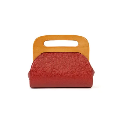 vintage wooden clip shell women handbags designer crossbody shoulder bags luxury pu leather female clutch bag small purses lady - Color: red
