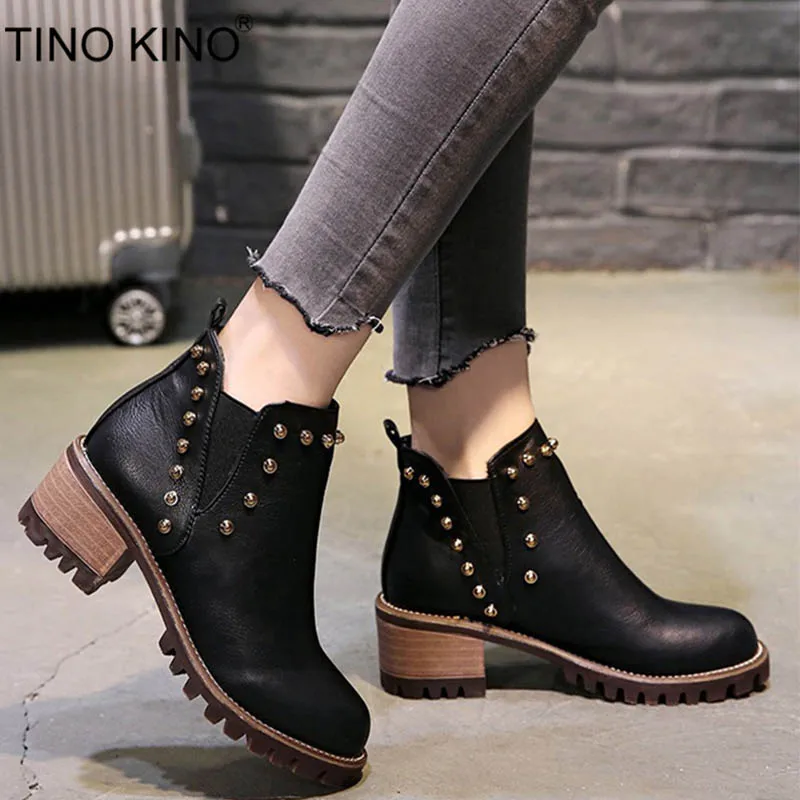 

Women Rivet Autumn Winter Chelsea Boots Ladies Thick Heel Elastic Band Shoes Ankle Boot Female Casual Fashion Middle Heels