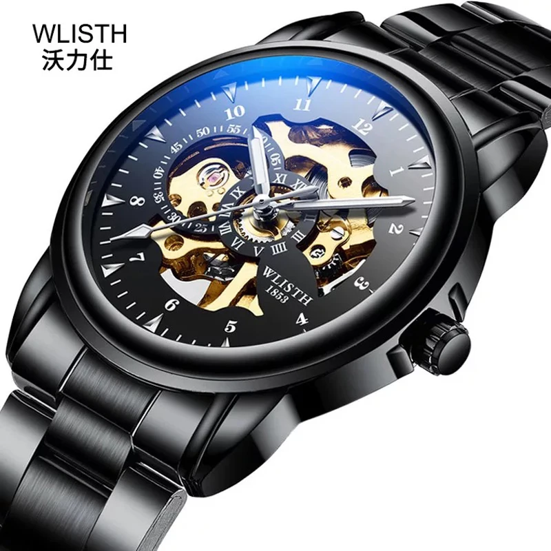 

Top Luxury Brand Watch Men Business Stainless Steel Strap Hollow Mechanical Wristwatches Waterproof Watches Free Shipping Sale