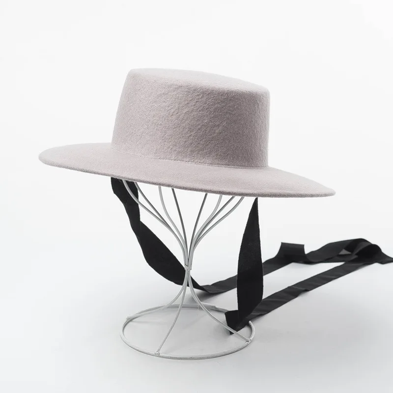 Стиль осень зима галстук шапки для женщин мягкие широкие полями шерсть фетровая шляпа гибкий колпак женская шляпа - Цвет: Серый