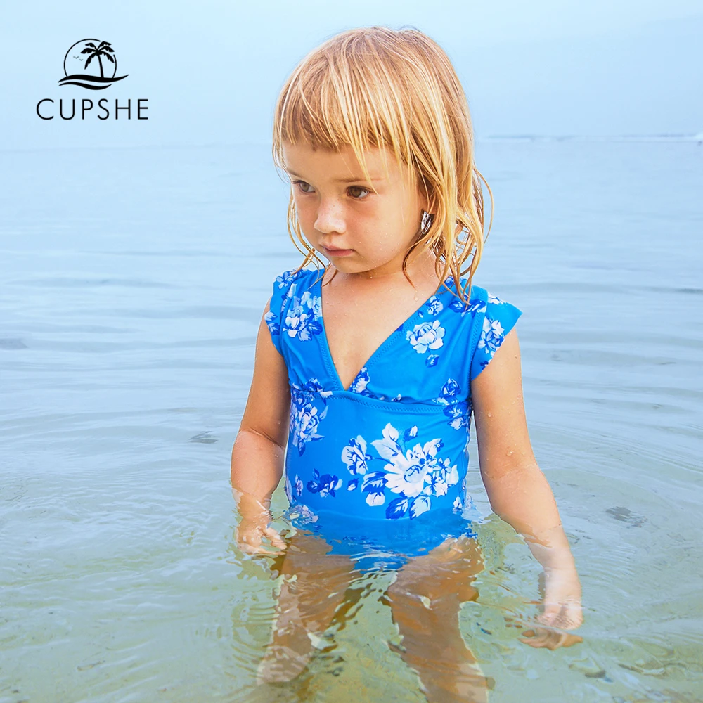 Günstig CUPSHE Kleinkind Kinder Blau Floral Print Einteiliges Badeanzug 2020 Baby Mädchen Kinder Monokini Badeanzüge