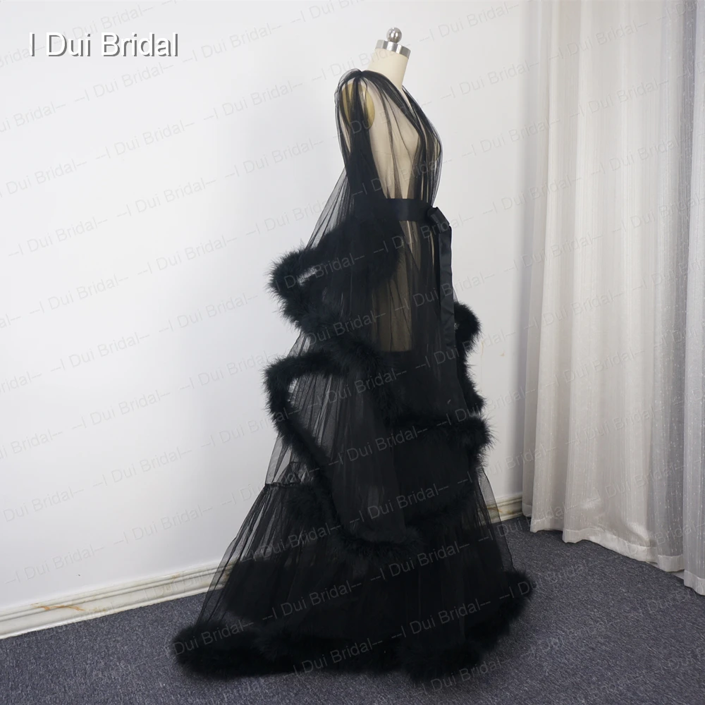 Burgundy Feather Robe Boudoir Tulle Illusion Bridal Robe Long Gift for Bride Homecoming Party Dress