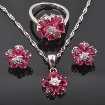 

New Sparkling Flower Rose Red Zirconia Women's Silver Color Jewelry Sets Earrings/Pendant/Necklace/Rings QZ0542