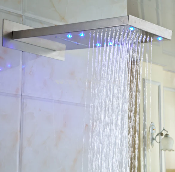 Rain Waterfall Shower Head Brushed Nickel LED Showerhead Wall Mount 2