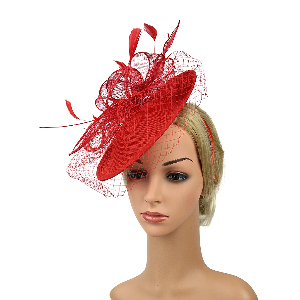 Elegant Women Ladies Sinamay Hat Feather Headband Clip Fascinator Veil Wedding Party Royal Ascot Hair Accessories