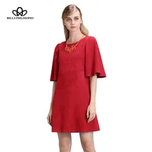 Bella Philosophy 2016 autumn winter Lotus butterfly sleeve dress zip double side faux suede dark green red women dress