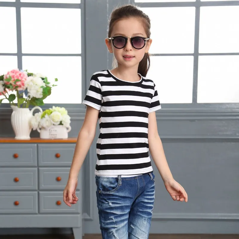 Jilly/хлопковая одежда для маленьких девочек, летняя черно-белая футболка в полоску для девочек, детская одежда, футболка с короткими рукавами для маленьких девочек