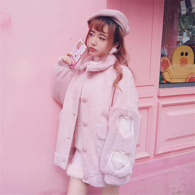 

KEQI Bobon21 Princess sweet lolita coat love stitching oversize girl Plush thermal hair coat Petite and bat sleeve warm coat