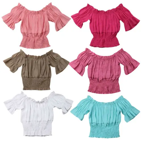

Toddler Baby Girls Empire Waist Tops 3/4 Sleeve T-shirt Off Shoulder Blouses Corset chiffon t-shirt