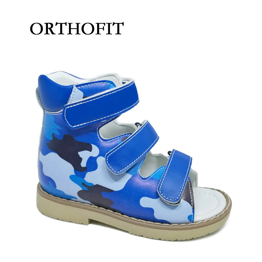 

Children boys camouflage printing leather sandals healthy blue orthopedic shoes with hook and loop fastener design