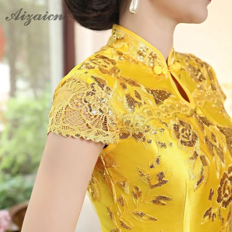 Qipao lentejuelas vestido Cheongsam del amarillo Qi Pao estilo восточные vestidos tnunica Chinoise bordado tradicional vestido