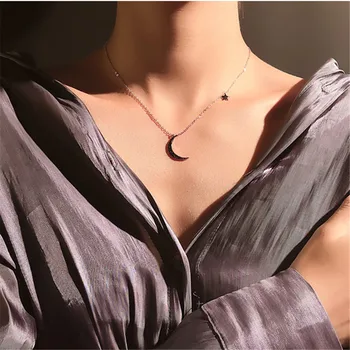 

925 Sterling Silver Black Crystal Star Moon Charm Necklaces & Pendants For Women Lady Fashion Jewelry Chokers dz696