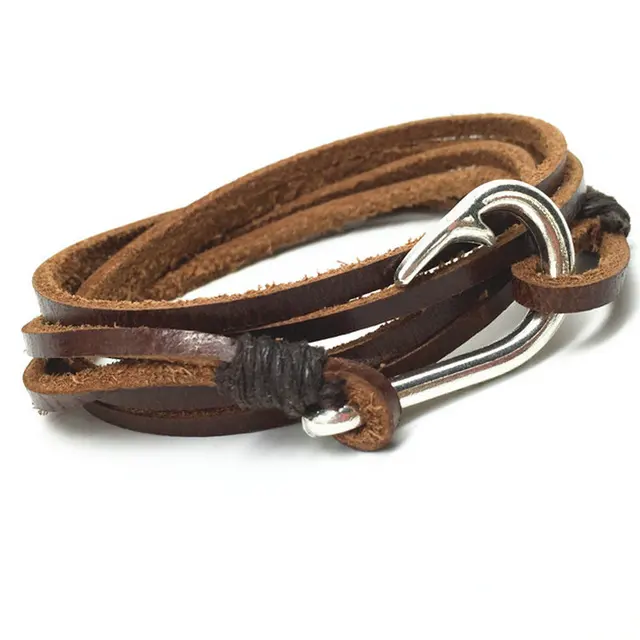 2017 Handmade Multilayer New Punk Vintage Fish Hook Charm Brown 2017 Handmade Multilayer New Punk Vintage Fish Hook Charm Brown Genuine Leather Bracelets Men Jewelry Accessories