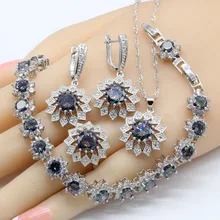 Радужный Цирконий 925 серебряные Свадебные Ювелирные наборы для женщин ожерелье Кулон Серьги Кольца Браслеты