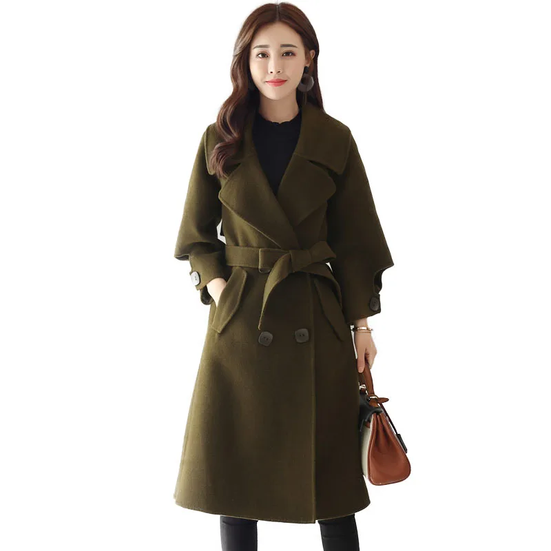 Осень Зима Новинка Плюс Размер Женская шерстяная куртка высокое качество галстук дикие пальто элегантные женские свободные длинные шерстяные пальто 5XL A31 - Цвет: ArmyGreen