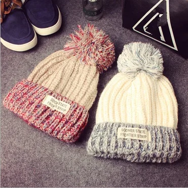 2015 New Product    Winter Style  Spring   Wool  Patchwork Line  Ball  Knitting Upset  Warm  Hats For  Women  Beanie  Hat
