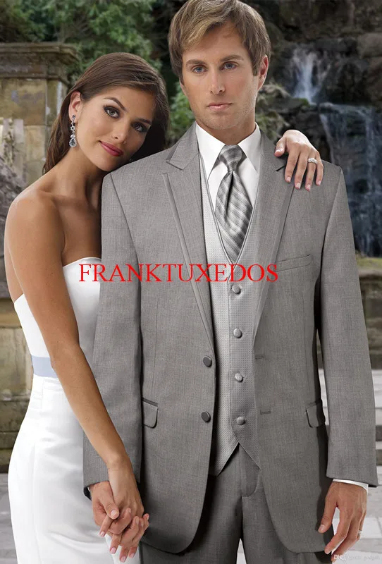 

New Style Two Button grey Groom Tuxedos Men's Suit Shawl Lapel Groomsmen Mens Wedding Suits Prom Suits (Jacket+Pants+Vest+Tie)