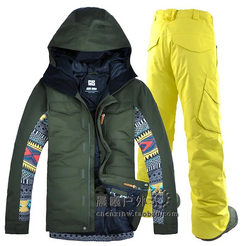 Gsou брендовые новые мужские лыжные брюки и куртки армейский зеленый сноуборд костюмы мужские Сноубординг пальто и брюки Мужская зимняя одежда - Цвет: 818 yellow