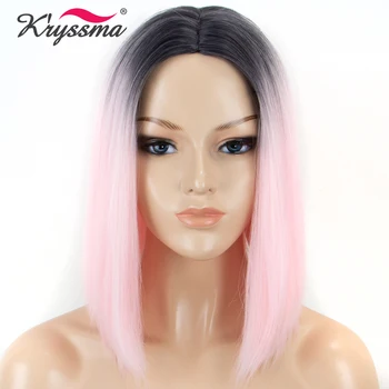 

Short Bob Wig Pink Wig Ombre Dark Roots to Baby Pink Straight Synthetic Wigs for Women Black Roots Middle Parting Heat OK Fiber