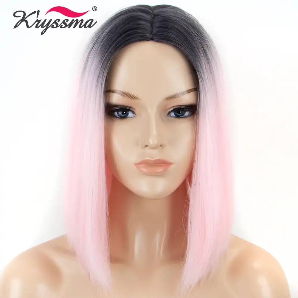 Short Bob Wig Pink Wig Ombre Dark Roots To Baby Pink Straight