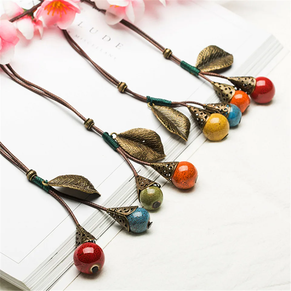 

ceramic Copper tree leaf Handmade Necklaces Water Drop style Chinese style Pendant Fashion classic rope chain folk style Ethnic
