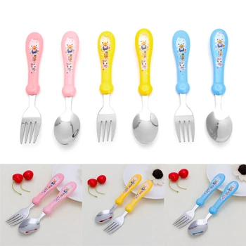 

New 2Pcs Lovely Baby Kids Feeding Spoon Fork Stainless Steel Baby Spoon Flatware