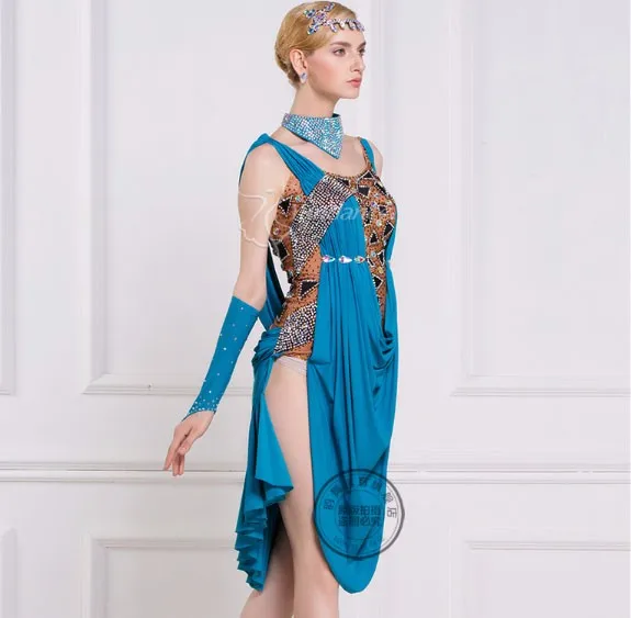Новый лоскутный высокий вентиляционный синий Румба ча-ча Сальса Танго lumba конкурс латиноамериканских танцев платье со стразами