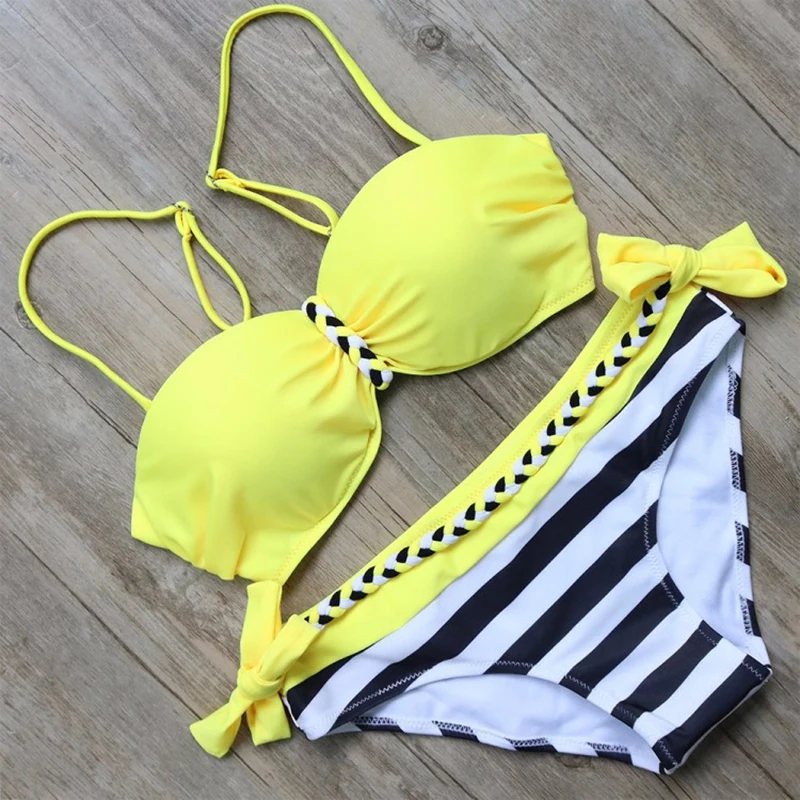 

Bikinis 2019 Swimsuit Plus size Swimming Push Up Bathing Suit Women Two-Piece Beachwear Striped Bodysuit Split Female Swimwear
