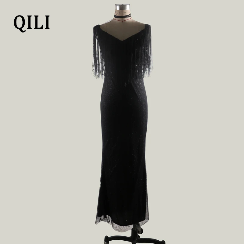 QILI сексуальное платье с открытыми плечами, черная Русалка платье Для женщин Вечеринка с глубоким v-образным вырезом и кисточкой флэш шелк Длинное ночное платье для женщин