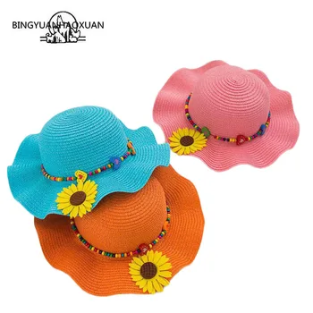 

BINGYUANHAOXUAN 1 Pcs 2018 New Falbala Sunflower Children Sun Hats Spring Summer Beach Straw Hat Head Circumference 52 cm