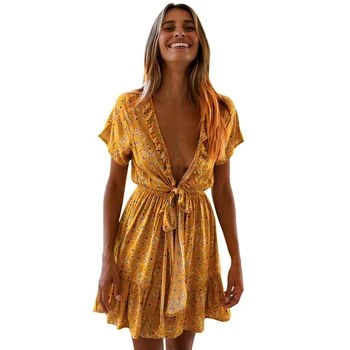 

Ladies Summer Chest Knotted V-neck Floral Short-Sleeve Bohemian Style Dress