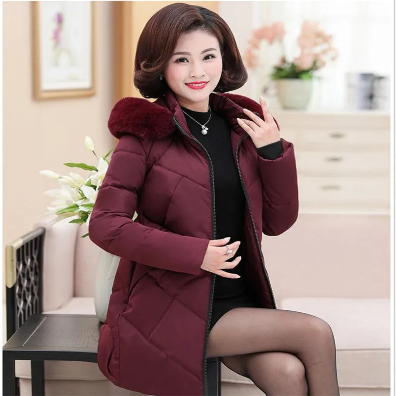 Long Sleeve New Women Medium-Long Parkas Mother Winter Hooded Soft Fur Collar Plus Size 5XL Slim Padded Winter Coats CQ2284
