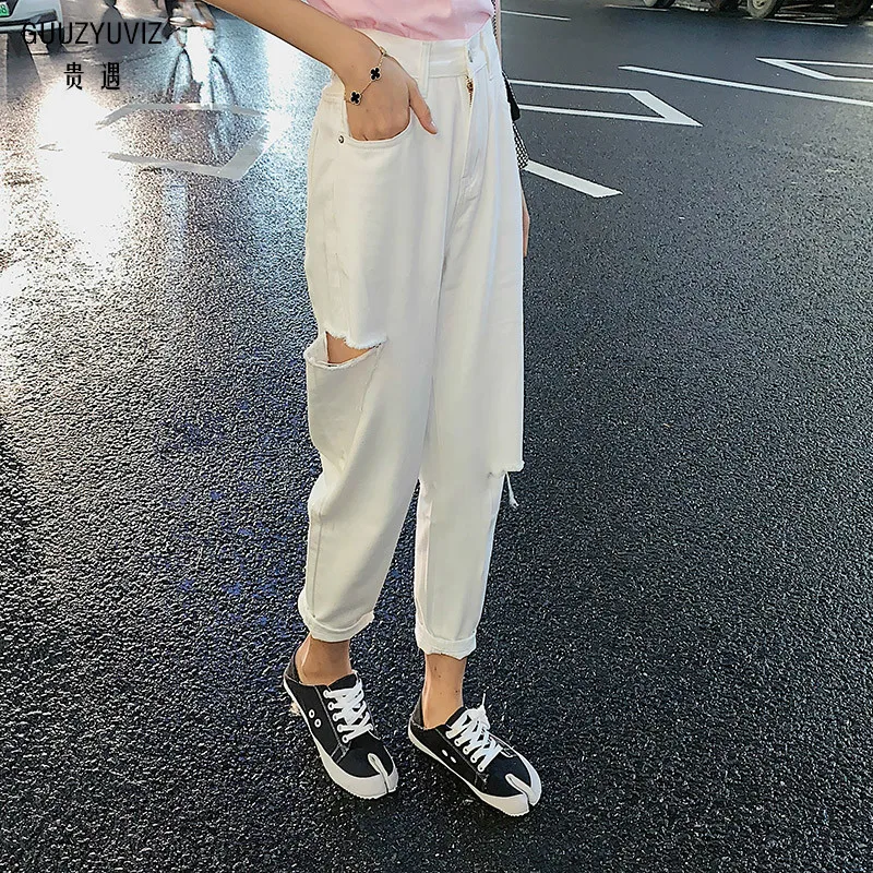 

Guuzyuviz Casual White Jeans Woman Ladies Boyfriend Jeans For Women High Waist Harem Trousers Denim Pants Mujer