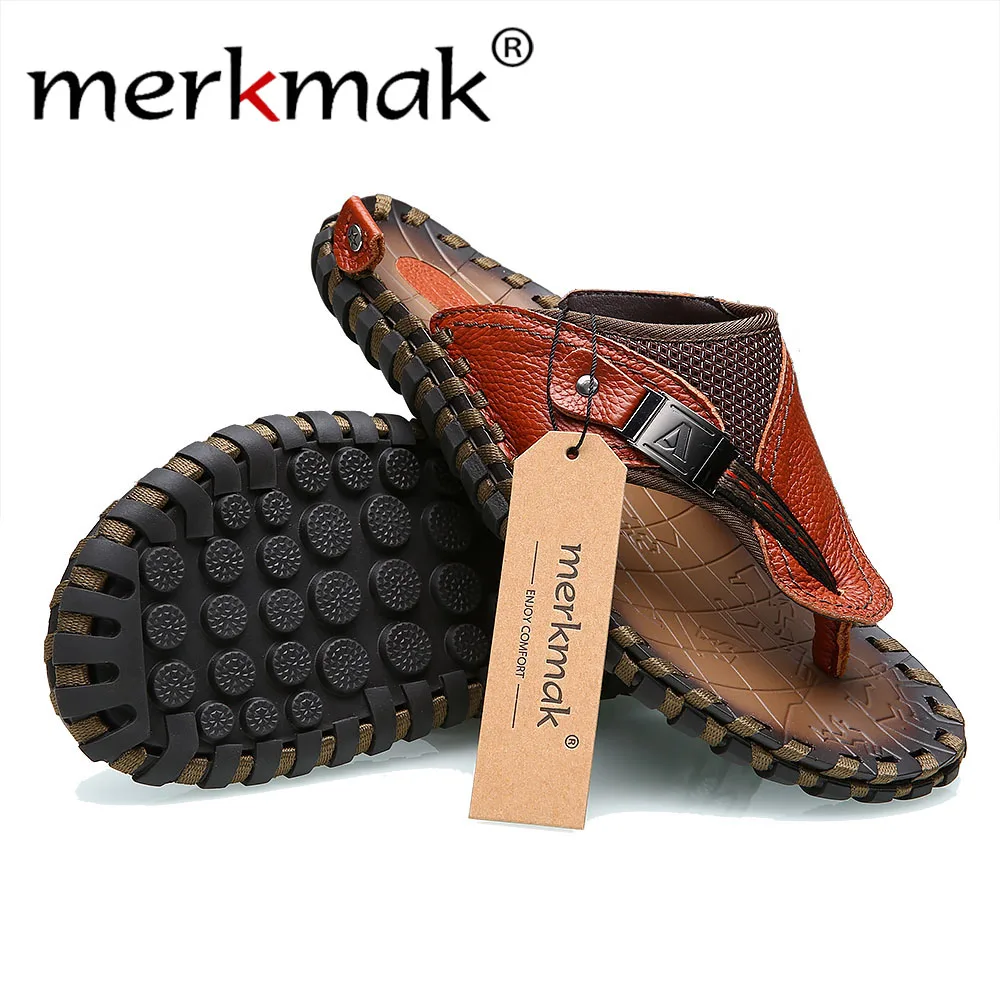 Merkmak Men's Flip Flops Summer Beach Sandals Casual Genuine Leather Men Flats Slip-on Slipper Big Size 38-47 Breathable Shoes