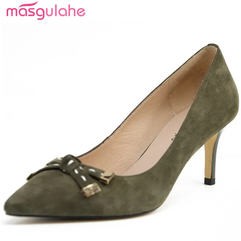 

Masgulahe Sheepskin real leather shoes woman top quality fashion sexy lady thin heels shoes 6cm shallow army green women pumps