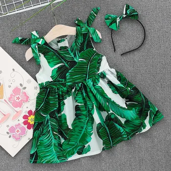 

Toddler Baby Girls Leaves Print Dress Straps Party Headband Beach Dress Sundress kids clothes Vestido Infantil Menina