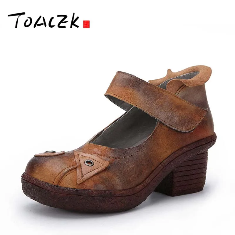 

2018 Retro Style Handmade Pumps Genuine Leather Mid Heels Round Toe Low Heels Women Shoes