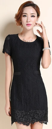Новое летнее женское корейское милое стильное тонкое кружевное платье с коротким рукавом, свободное однотонное платье для особых случаев, M-4XL Размер - Цвет: Black