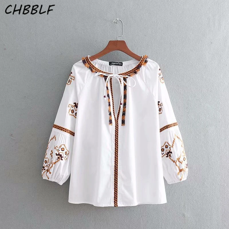 CHBBLF women floral embroidery blouse bow tie three quarter sleeve shirts female casual wear chic tops blusas DFP8487