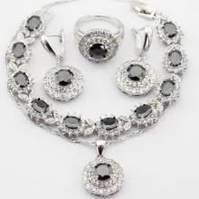 Encantos de Plata del Color de Las Mujeres Juegos de Joyería Blanco y Negro Creado Zafiro Collar de Gota Colgante Pendientes Anillos Pulsera de Regalo de Navidad