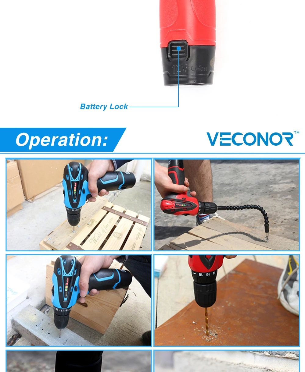 Vkonor Аккумуляторная дрель-шуруповерт электроинструмент 12 В постоянного тока бытовой литий-ионный аккумулятор электрическая отвертка