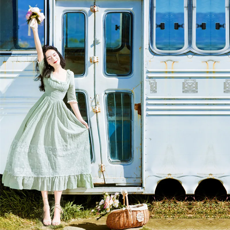 YOSIMI 2018 Summer Vintage Cotton and Lace Long Women Dress Tunic Prairie Chic Style Green Women Dress Mid-calf Evening Party