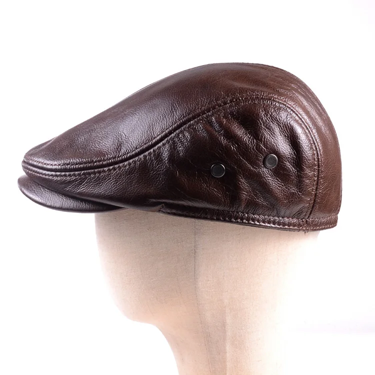 100% Real Leather Men's Winter Warm Earflaps Cowhide Miliitary Army Beret Golf Cap Newsboy Hat/cap mens berets for sale