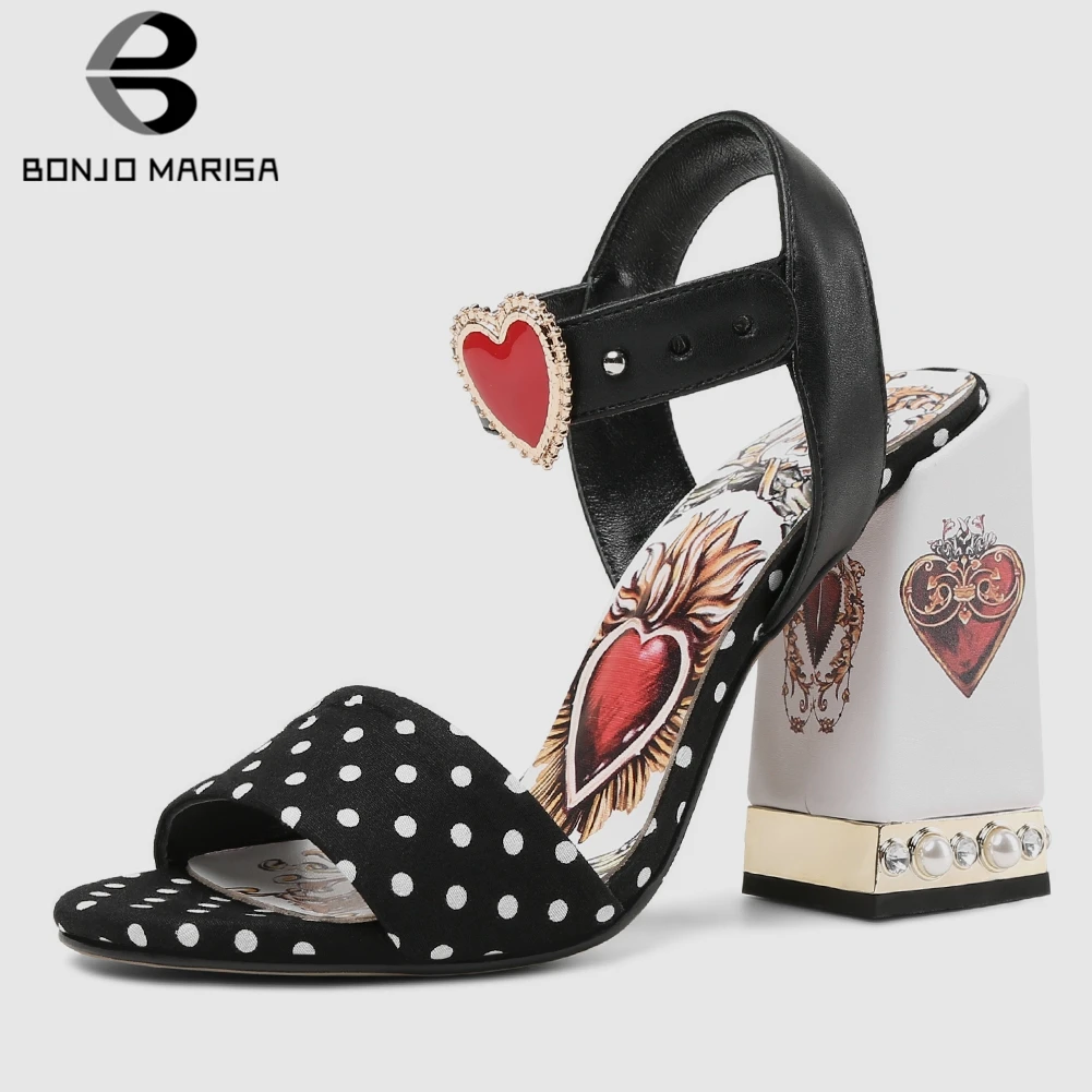 

BONJOMARISA New Brand Genuine Leather Sandals Women 2019 Summer Large Size 34-43 Fashion Print Women High Heels Shoes Woman