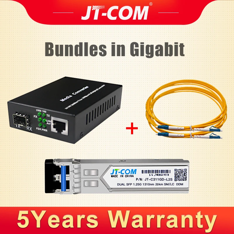 

Gigabit SFP Media Converter RJ45 with 1G Single Mode Duplex Transceivers Optical Module 20km DDM/DOM LC Fiber Optic Jumper Cable